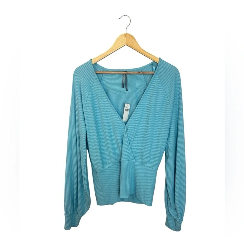NWT By Anthropologie ribbed wrap front surplice balloon sleeve long sleeve top L - Picture 2 of 8